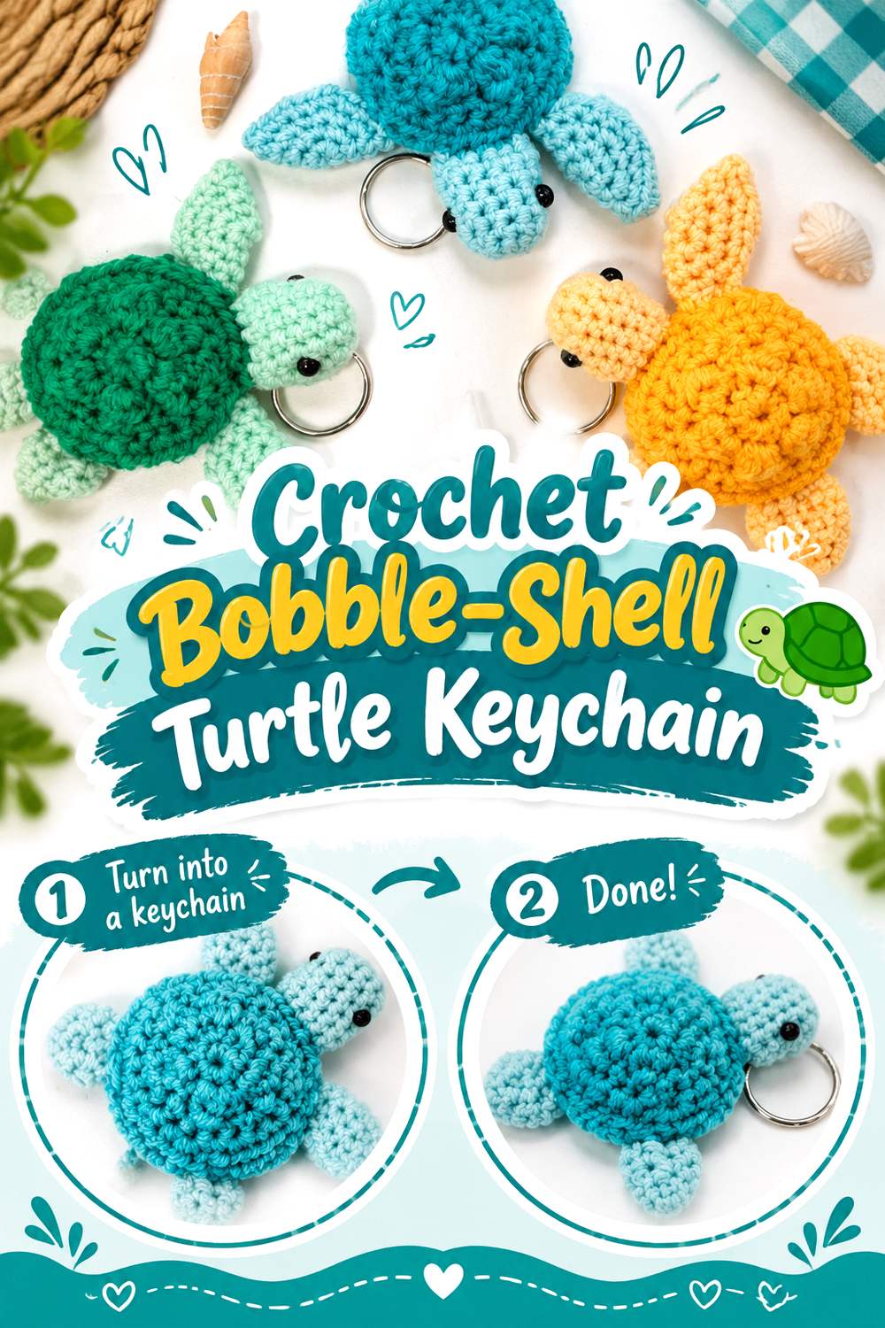 Crochet Bobble Shell Turtle Keychain