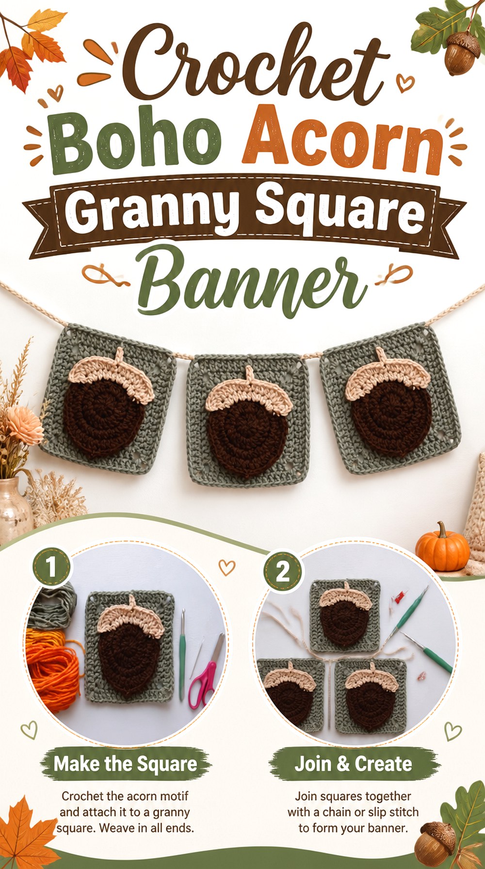 Crochet Boho Acorn Granny Square Banner