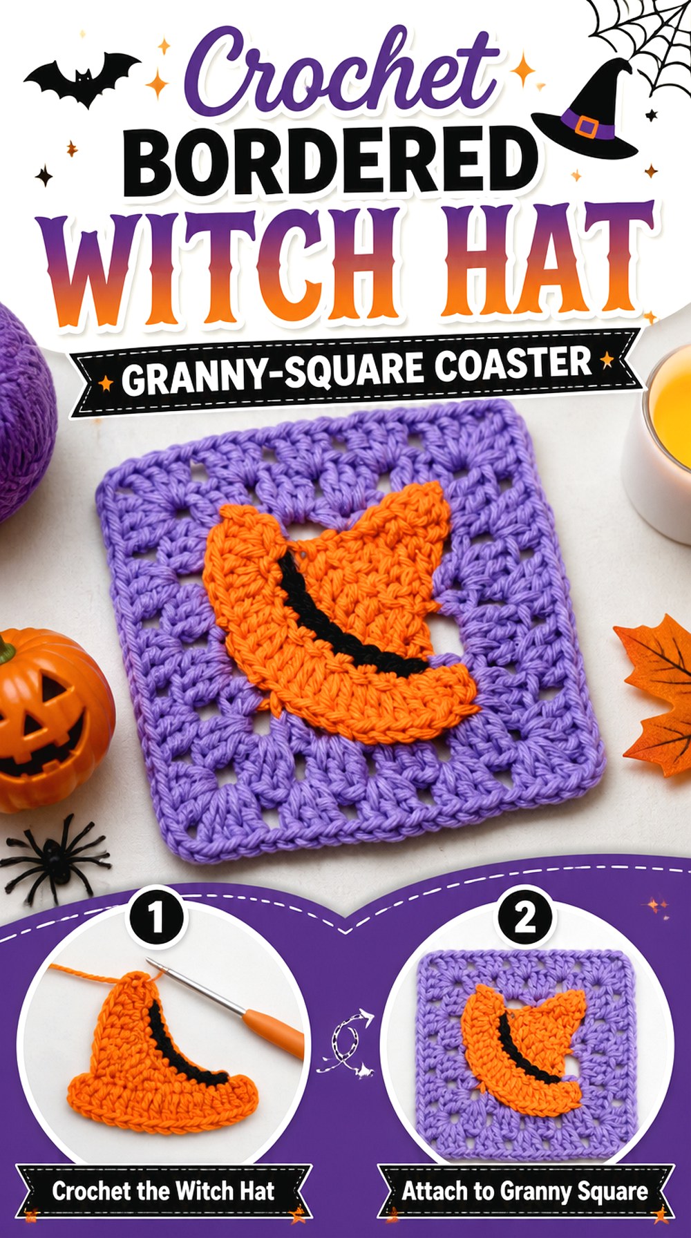 Crochet Bordered Witch Hat Granny Square Coaster
