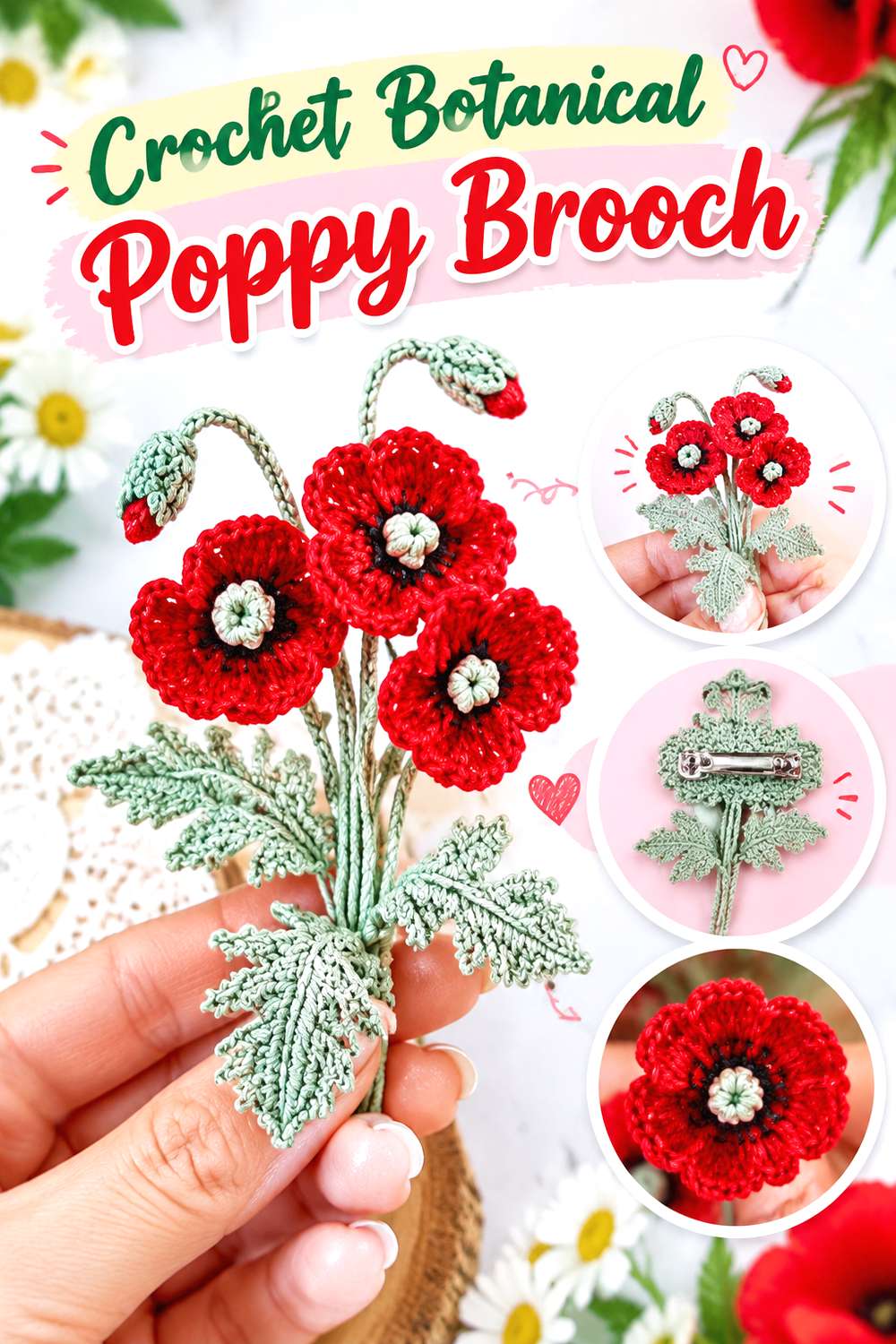 Crochet Botanical Poppy Brooch