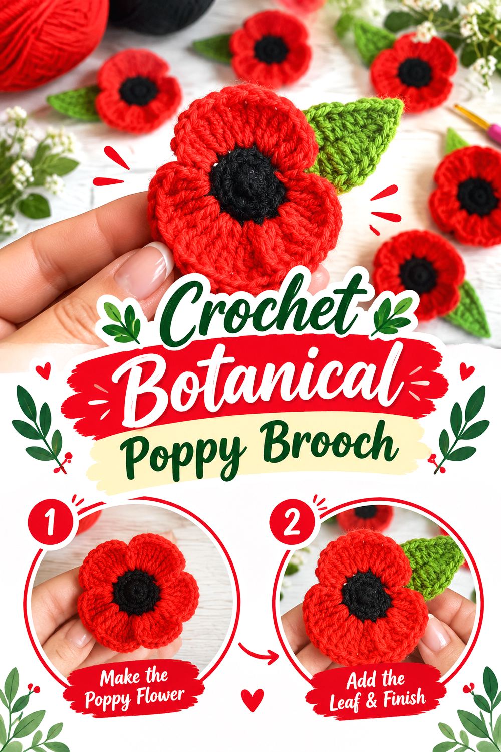 Crochet Botanical Poppy Brooch
