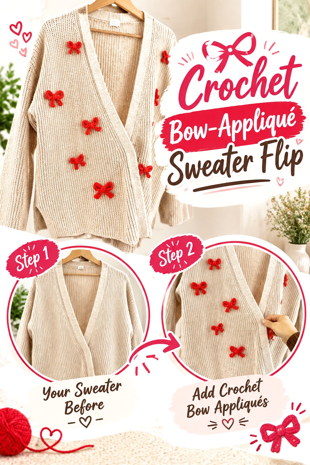 Crochet Bow Appliqué Sweater Flip