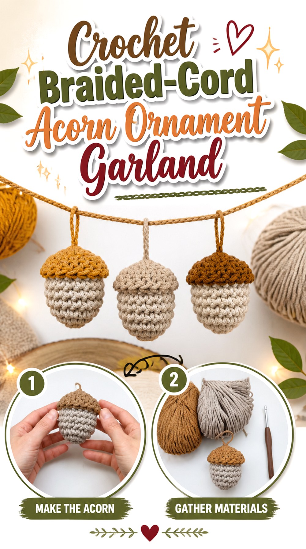 Crochet Braided Cord Acorn Ornament Garland