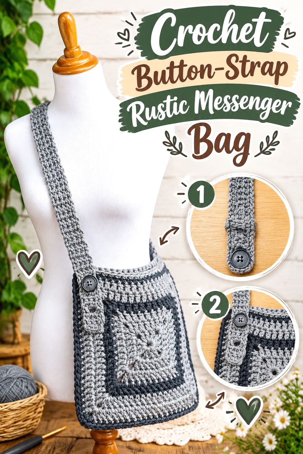 Crochet Button Strap Rustic Messenger Bag