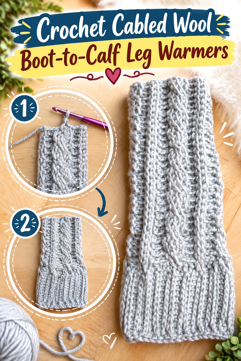 Crochet Cabled Wool Boot to Calf Leg Warmers