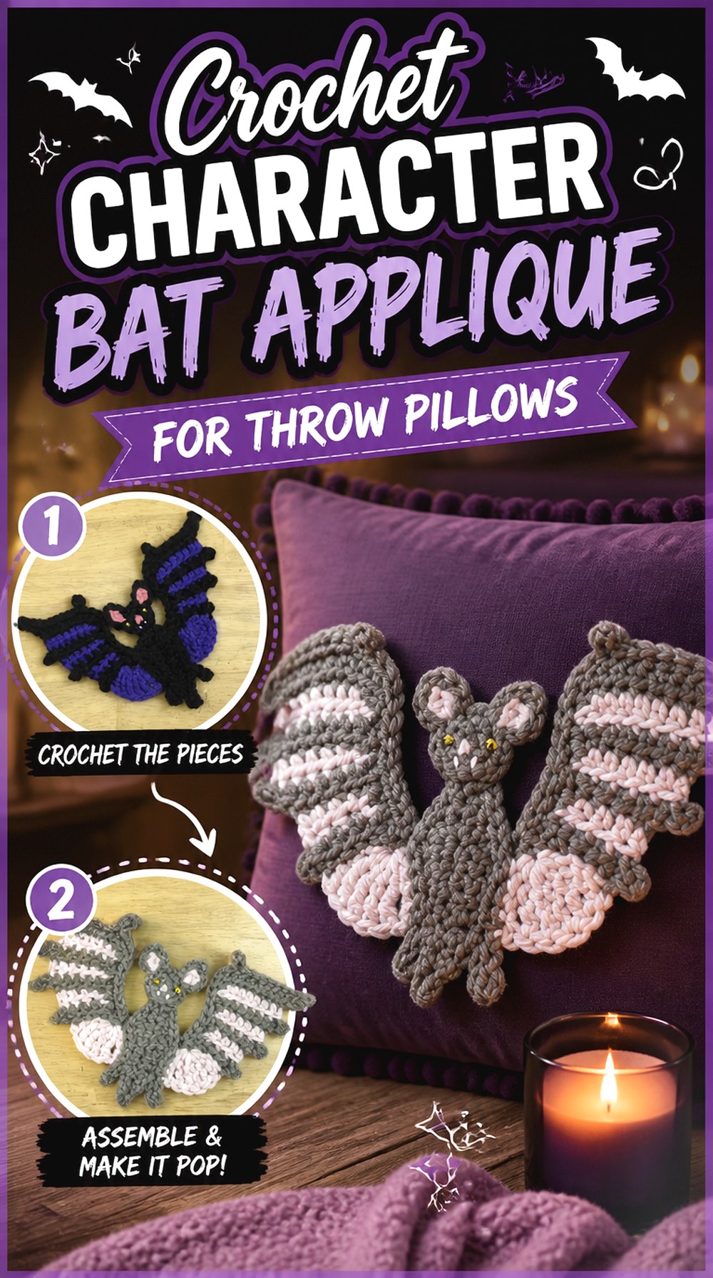Crochet Character Bat Applique for Throw Pillows