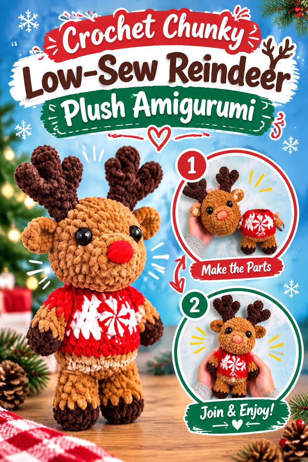 Crochet Chunky Low Sew Reindeer Plush Amigurumi