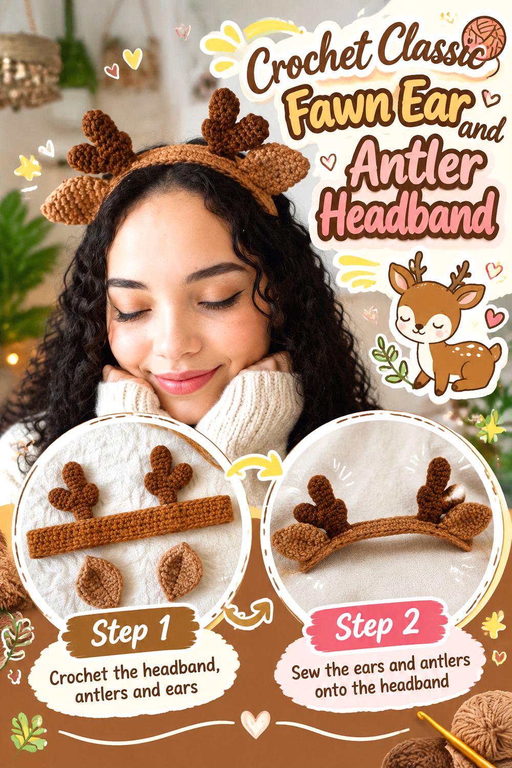 Crochet Classic Fawn Ear and Antler Headband