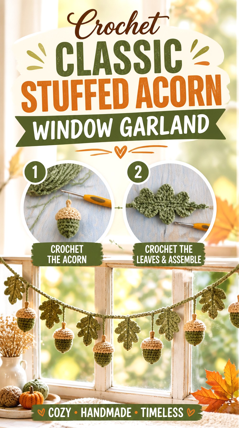 Crochet Classic Stuffed Acorn Window Garland
