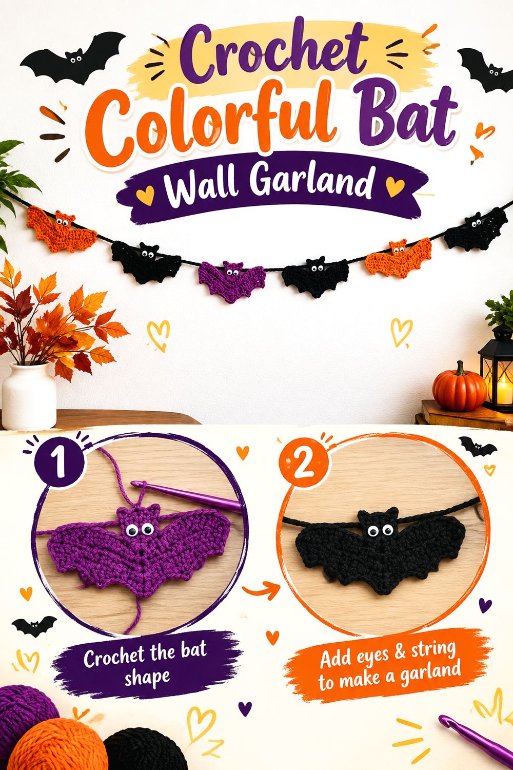 Crochet Colorful Bat Wall Garland