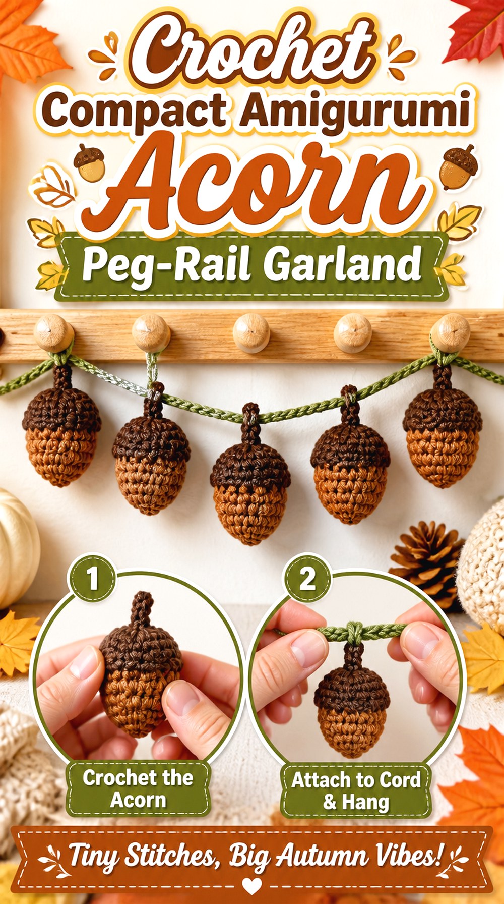 Crochet Compact Amigurumi Acorn Peg Rail Garland
