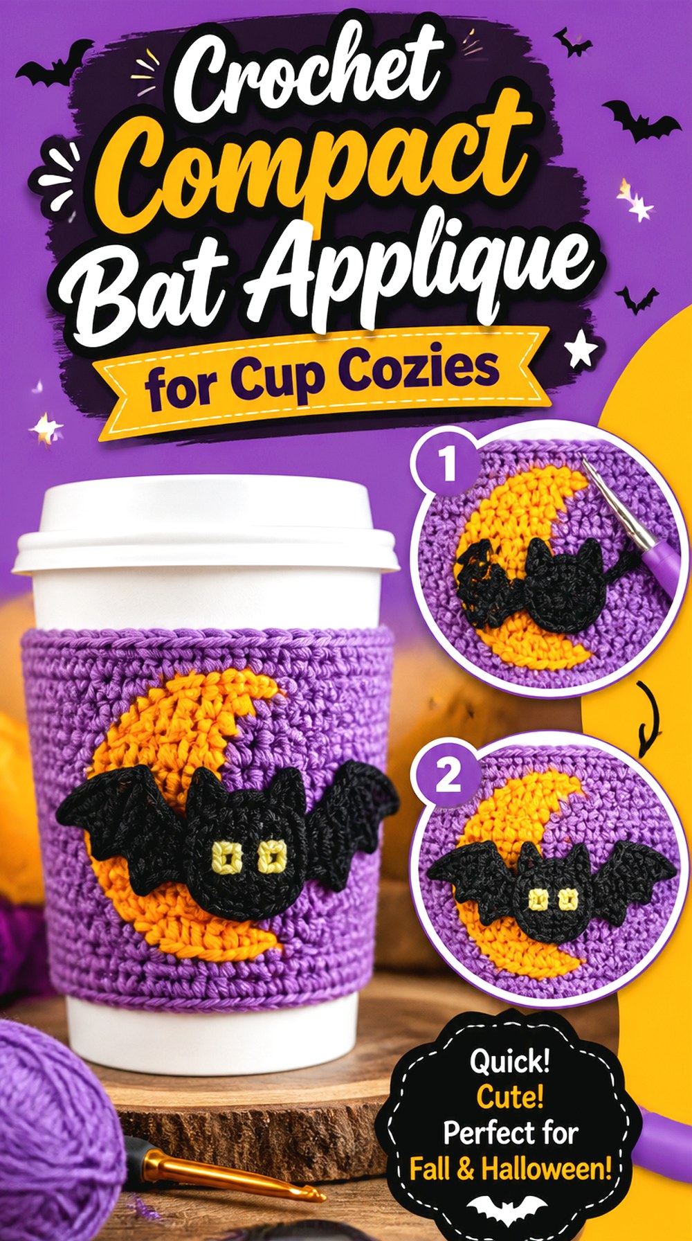 Crochet Compact Bat Applique for Cup Cozies