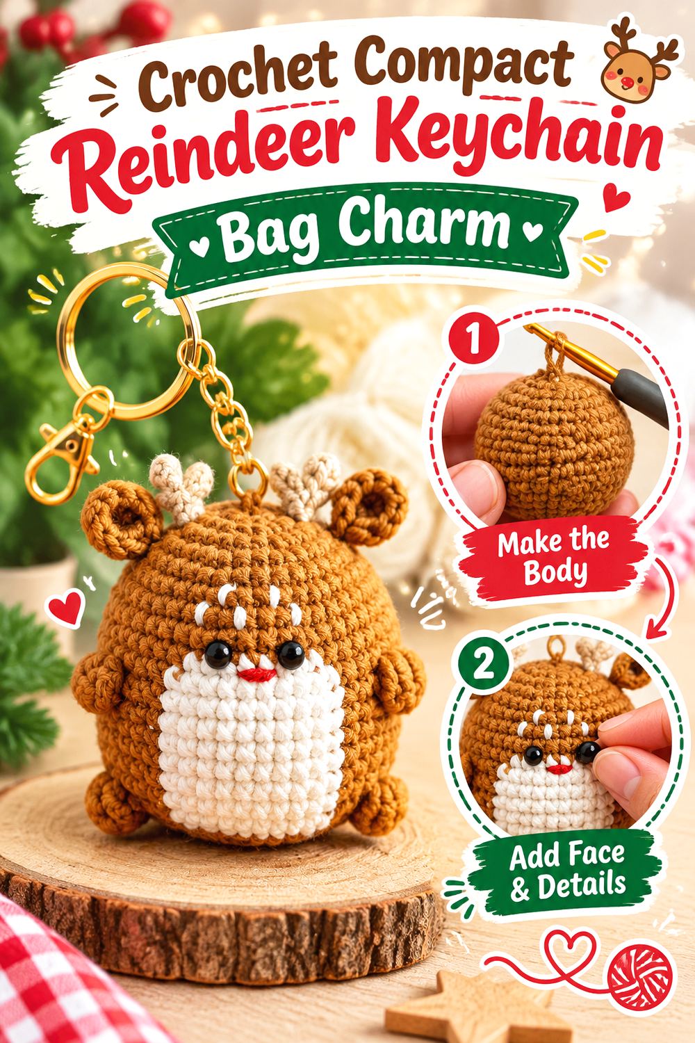 Crochet Compact Reindeer Keychain Bag Charm