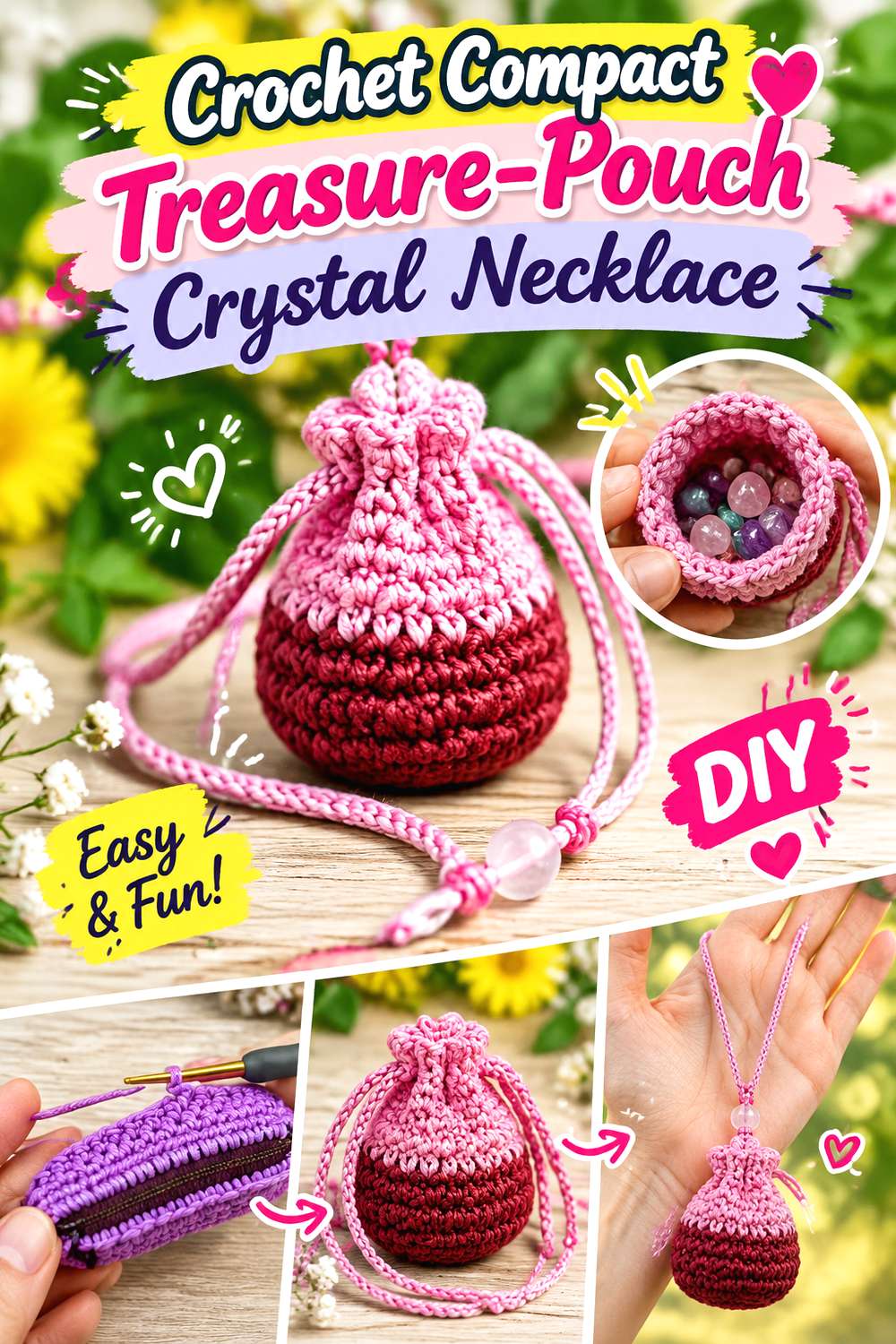 Crochet Compact Treasure Pouch Crystal Necklace