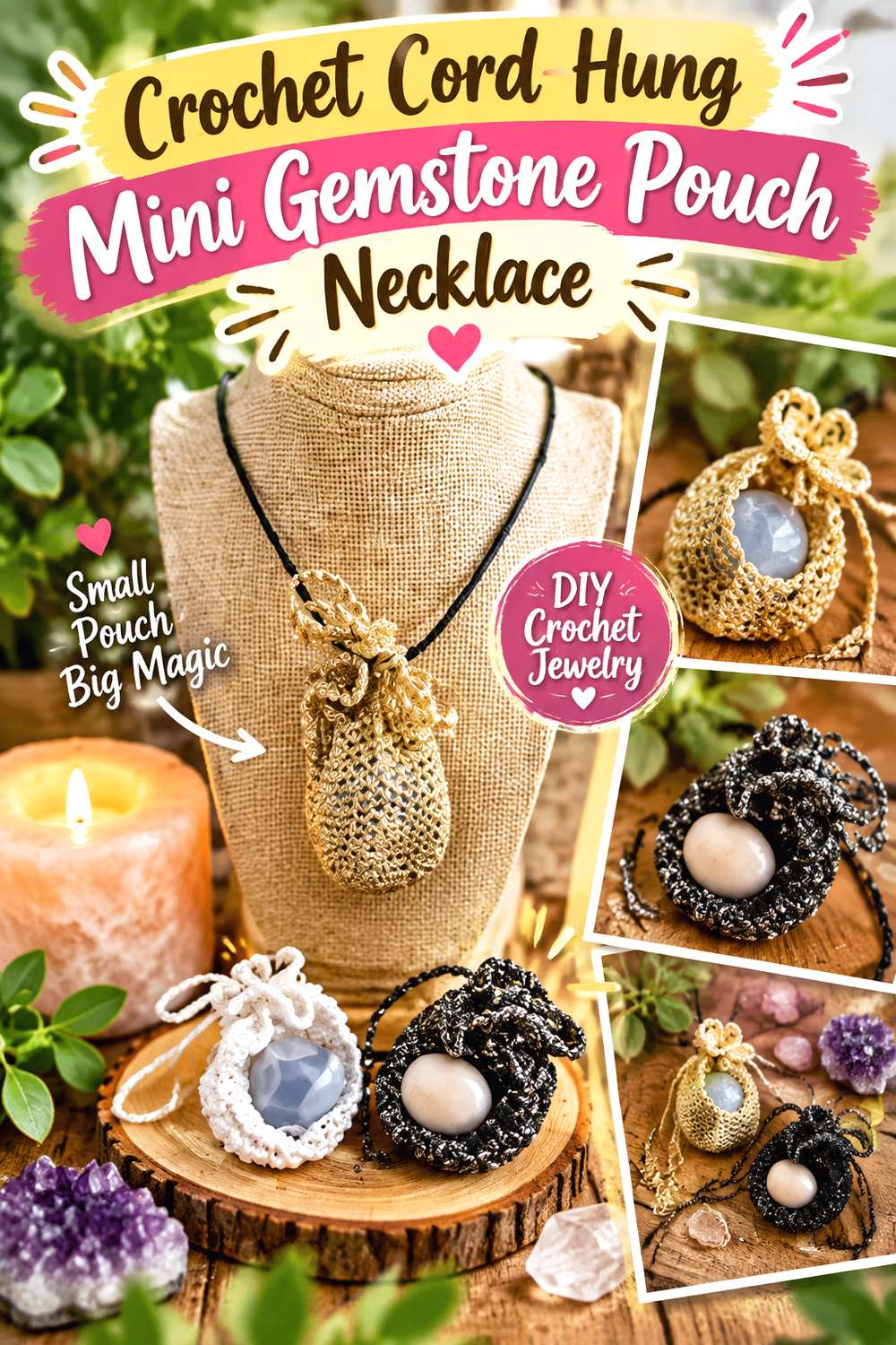 Crochet Cord Hung Mini Gemstone Pouch Necklace