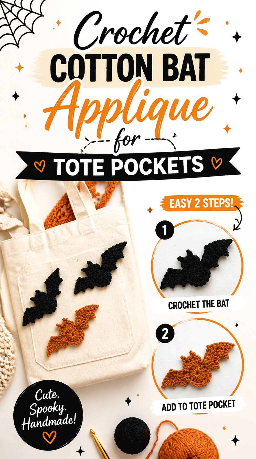 Crochet Cotton Bat Applique for Tote Pockets