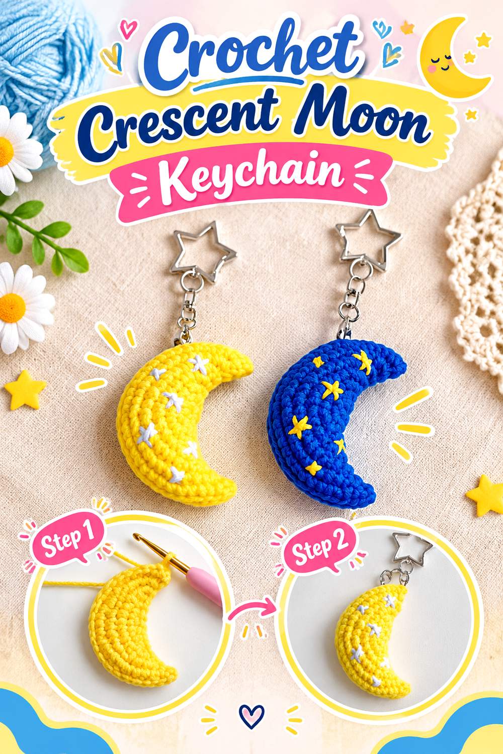 Crochet Crescent Moon Keychain