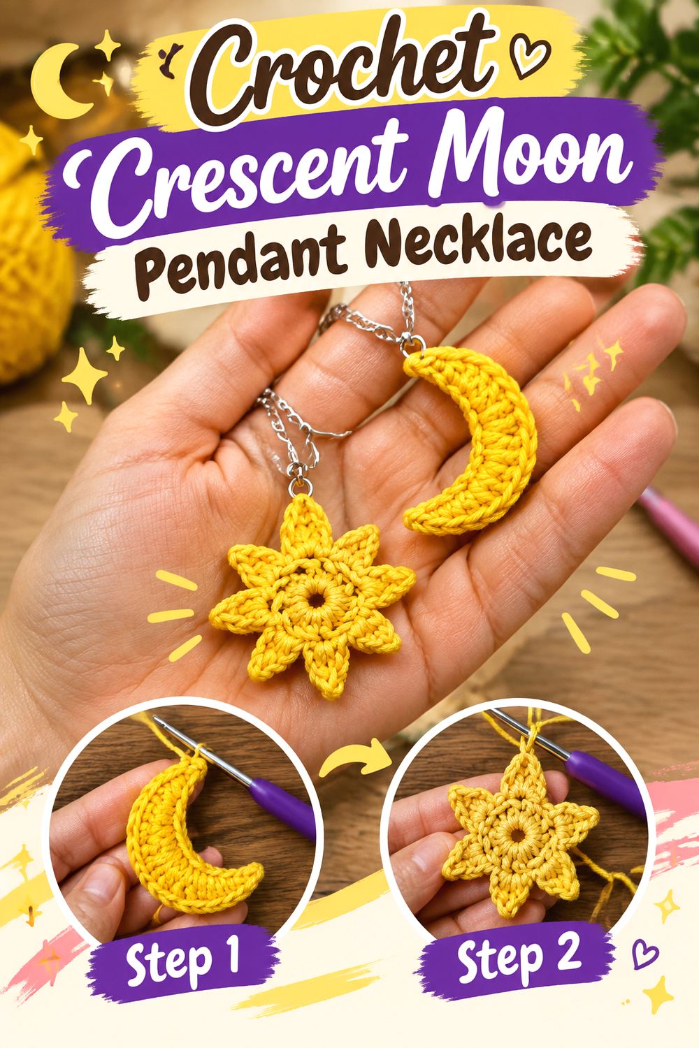 Crochet Crescent Moon Pendant Necklace