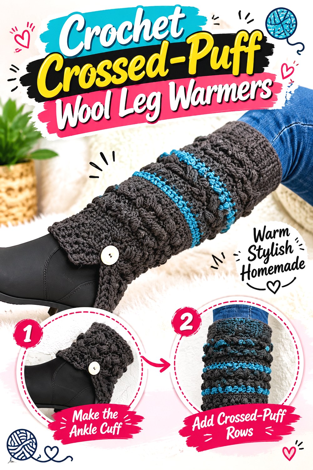 Crochet Crossed Puff Wool Leg Warmers