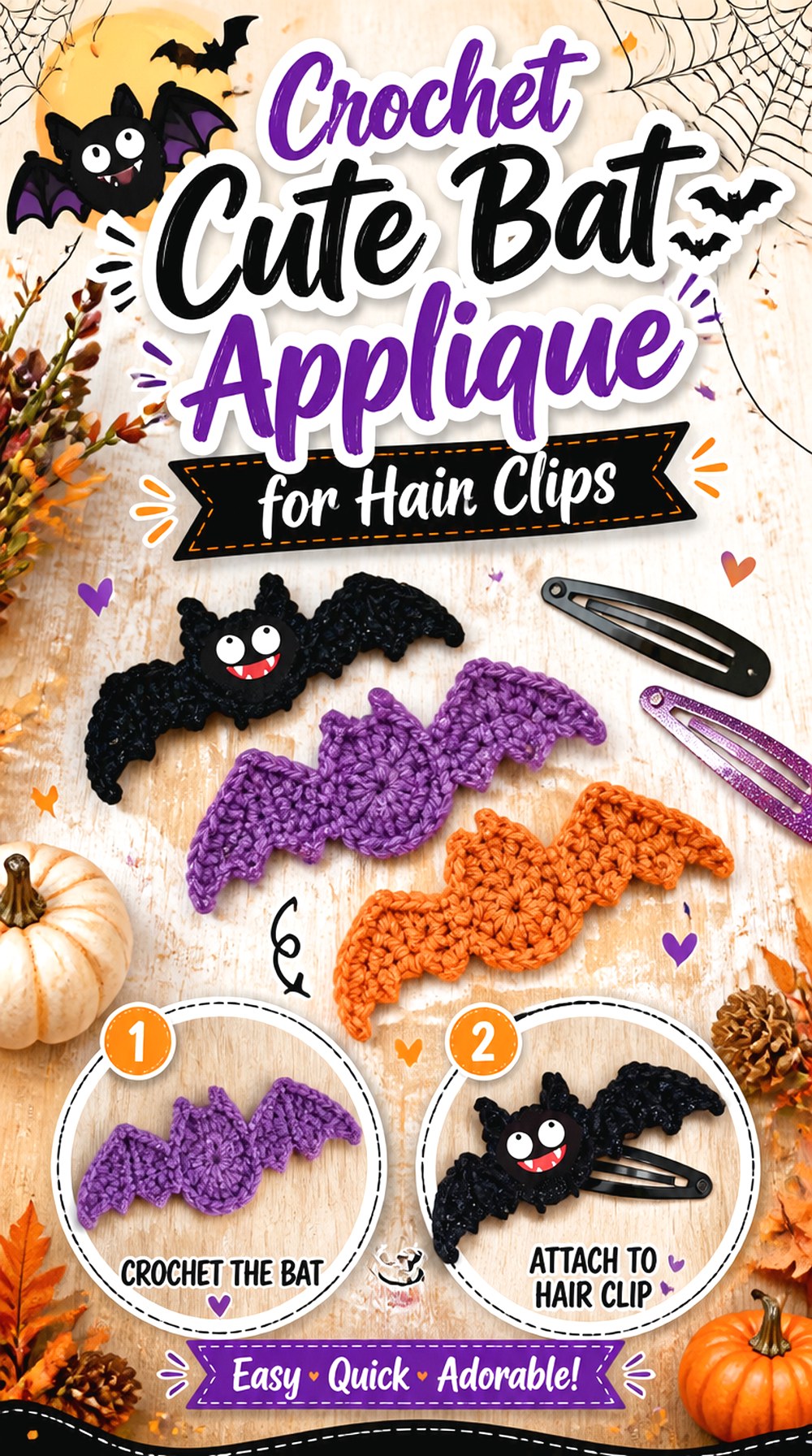 Crochet Cute Bat Applique for Hair Clips