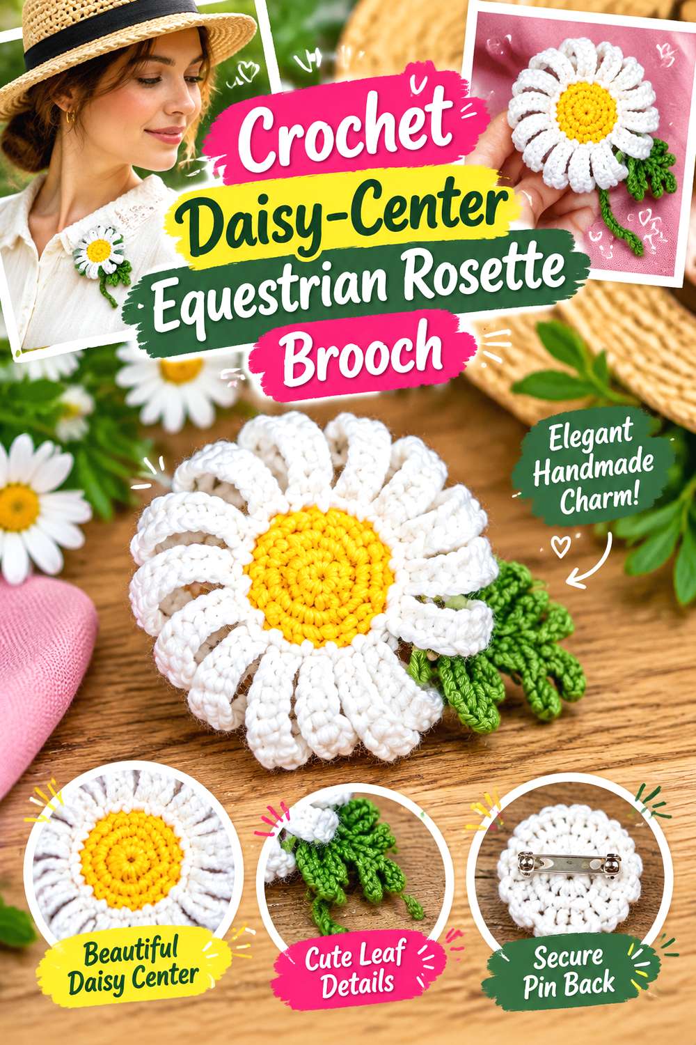 Crochet Daisy Center Equestrian Rosette Brooch
