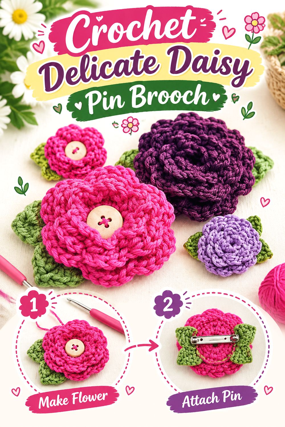 Crochet Delicate Daisy Pin Brooch