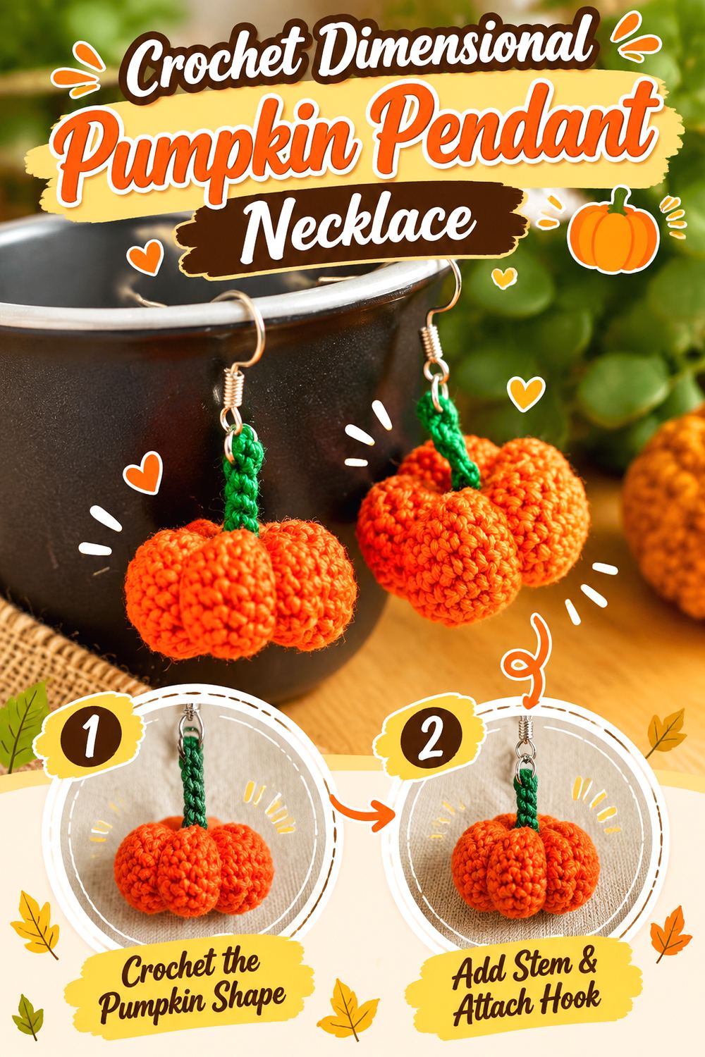 Crochet Dimensional Pumpkin Pendant Necklace