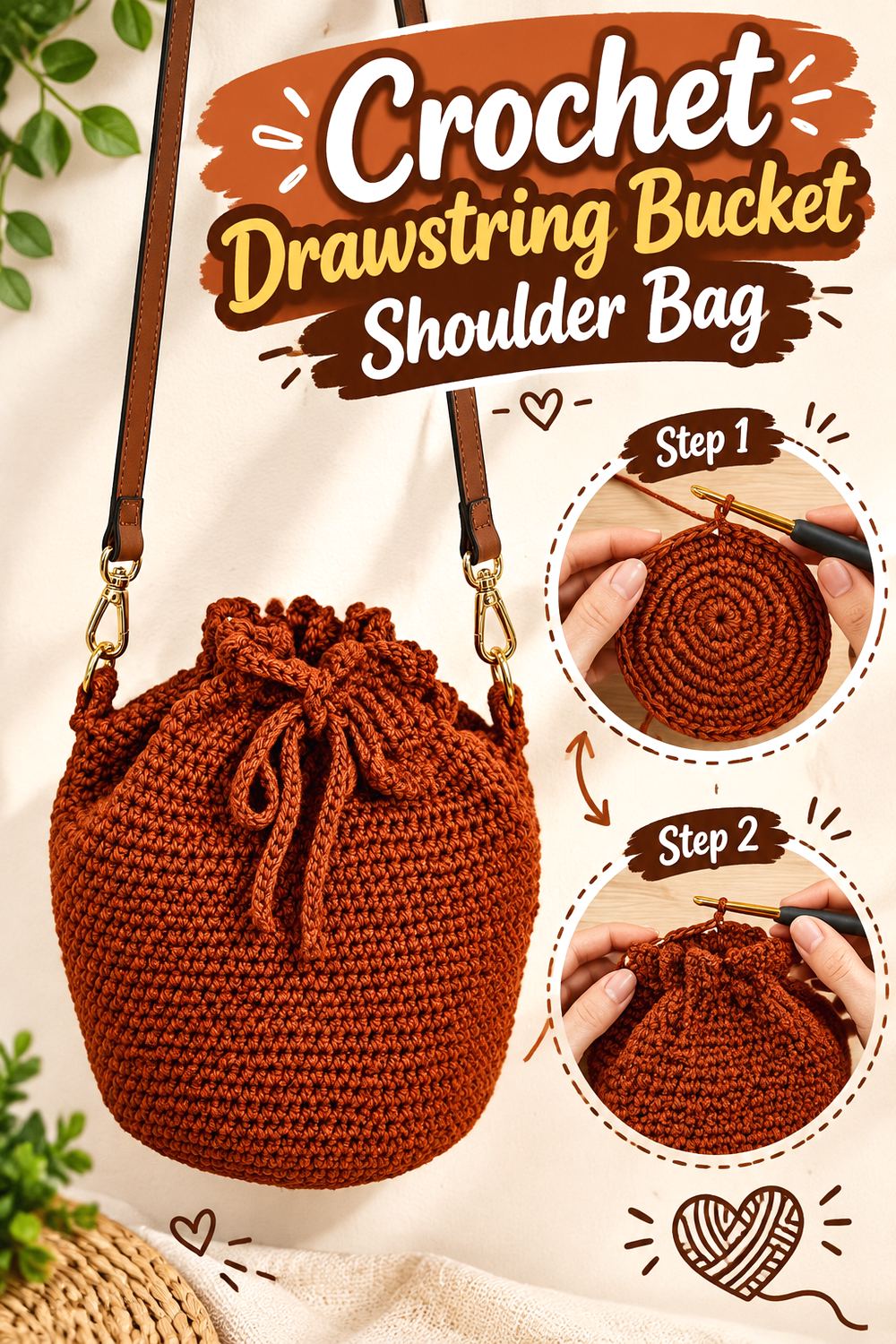 Crochet Drawstring Bucket Shoulder Bag