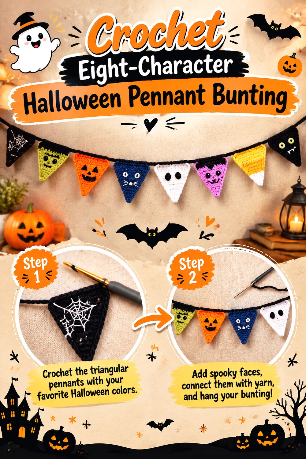 Crochet Eight Character Halloween Pennant Bunting