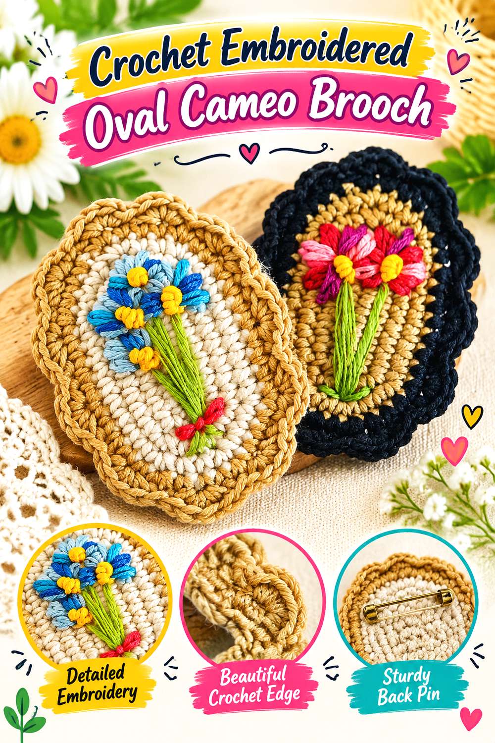 Crochet Embroidered Oval Cameo Brooch