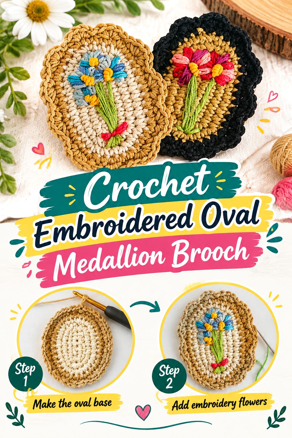 Crochet Embroidered Oval Medallion Brooch