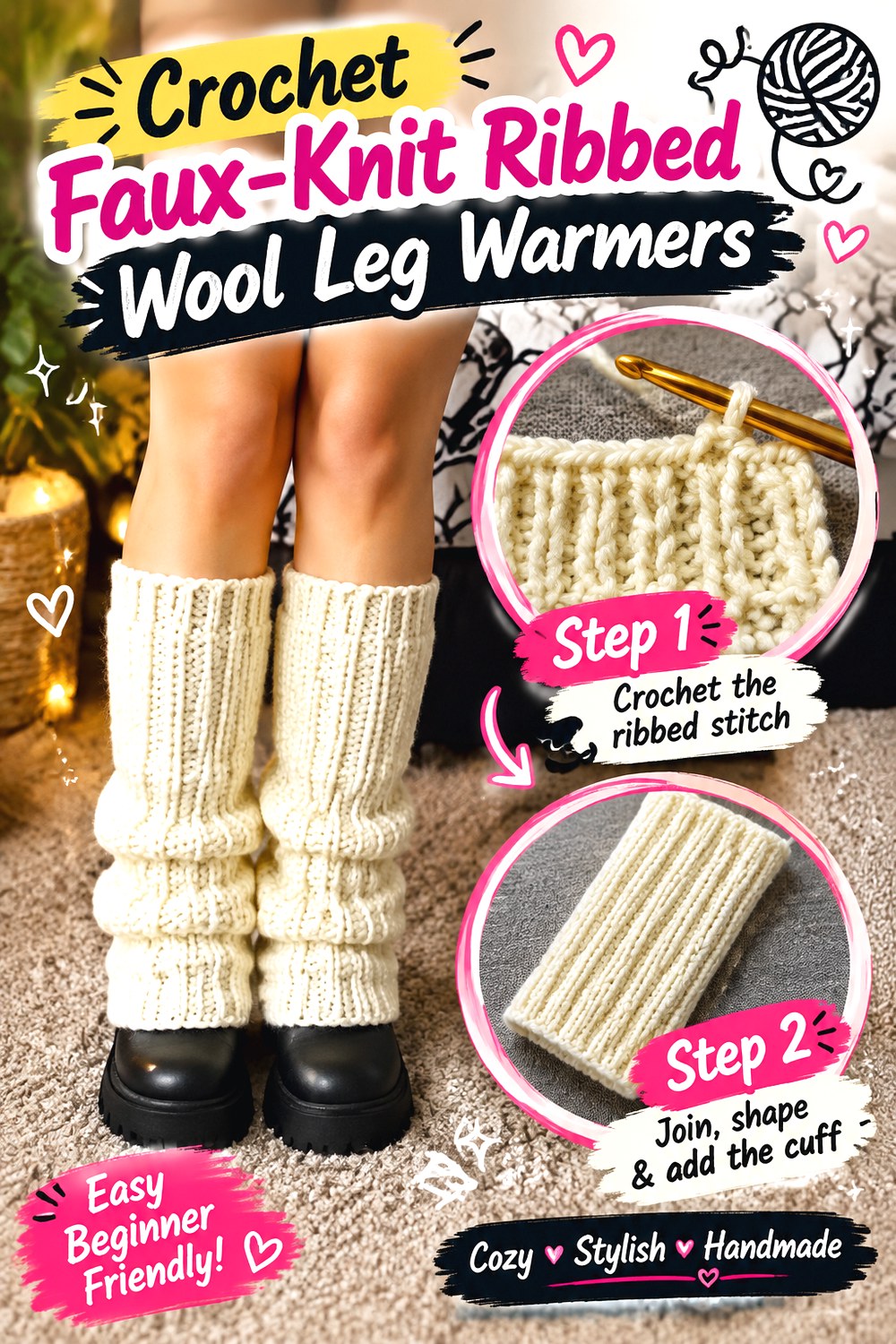 Crochet Faux Knit Ribbed Wool Leg Warmers