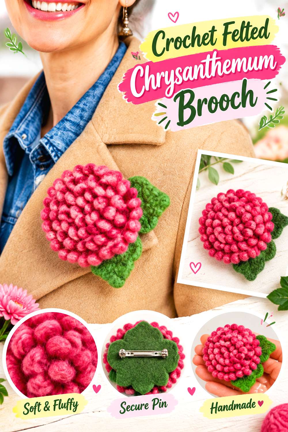 Crochet Felted Chrysanthemum Brooch