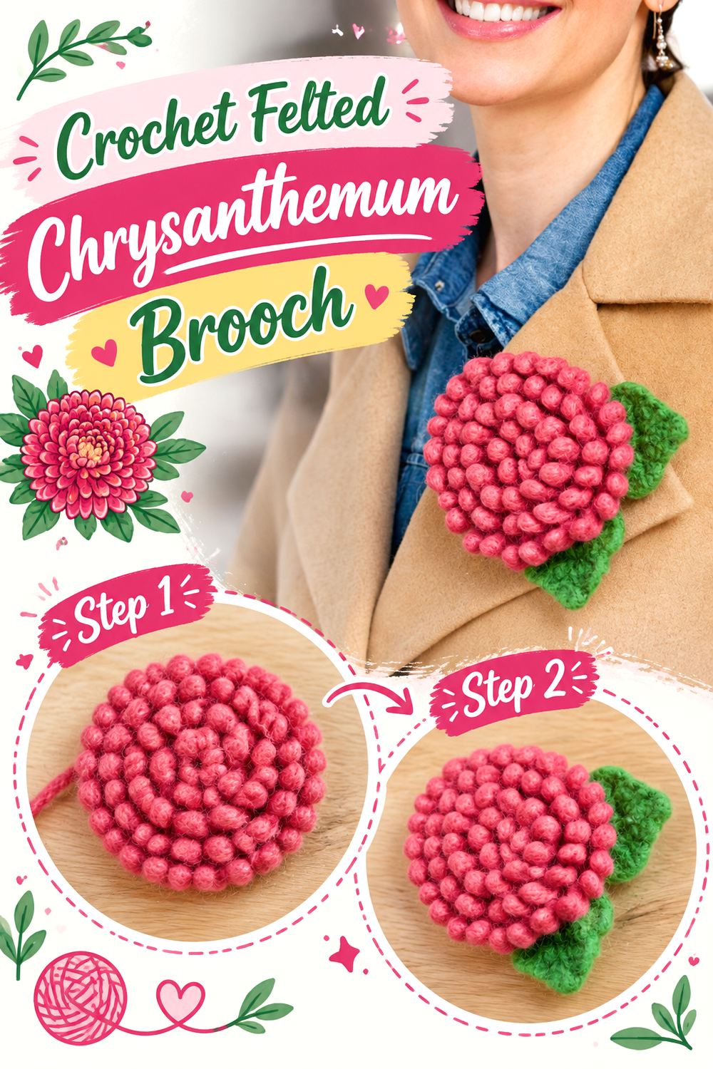 Crochet Felted Chrysanthemum Brooch