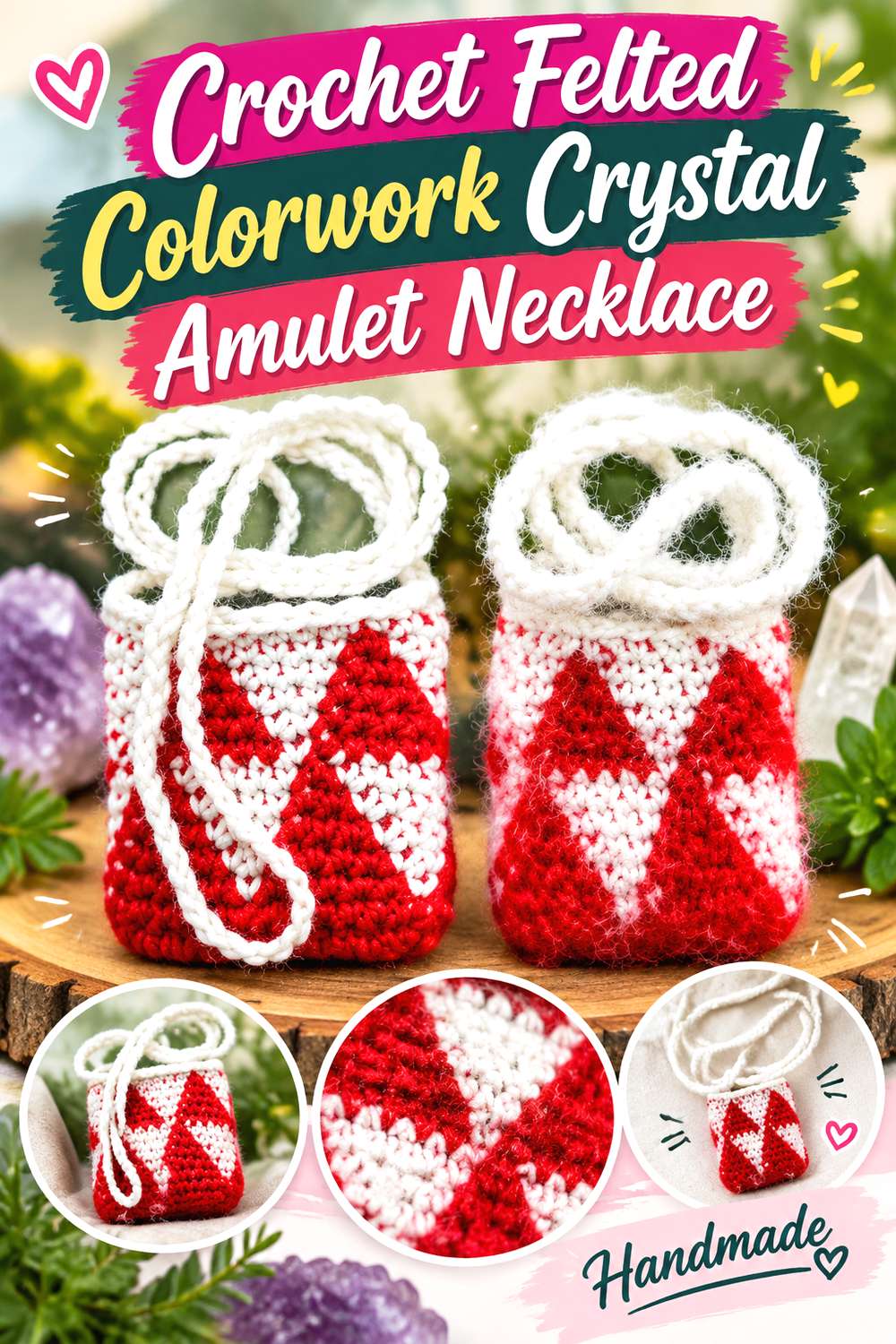 Crochet Felted Colorwork Crystal Amulet Necklace