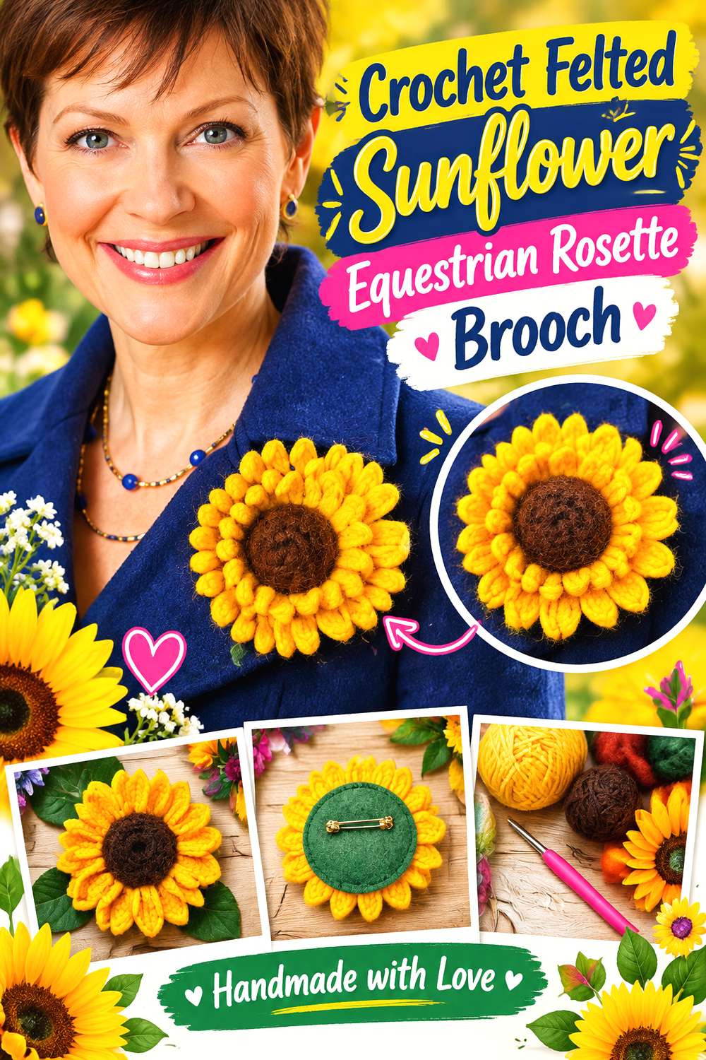 Crochet Felted Sunflower Equestrian Rosette Brooch