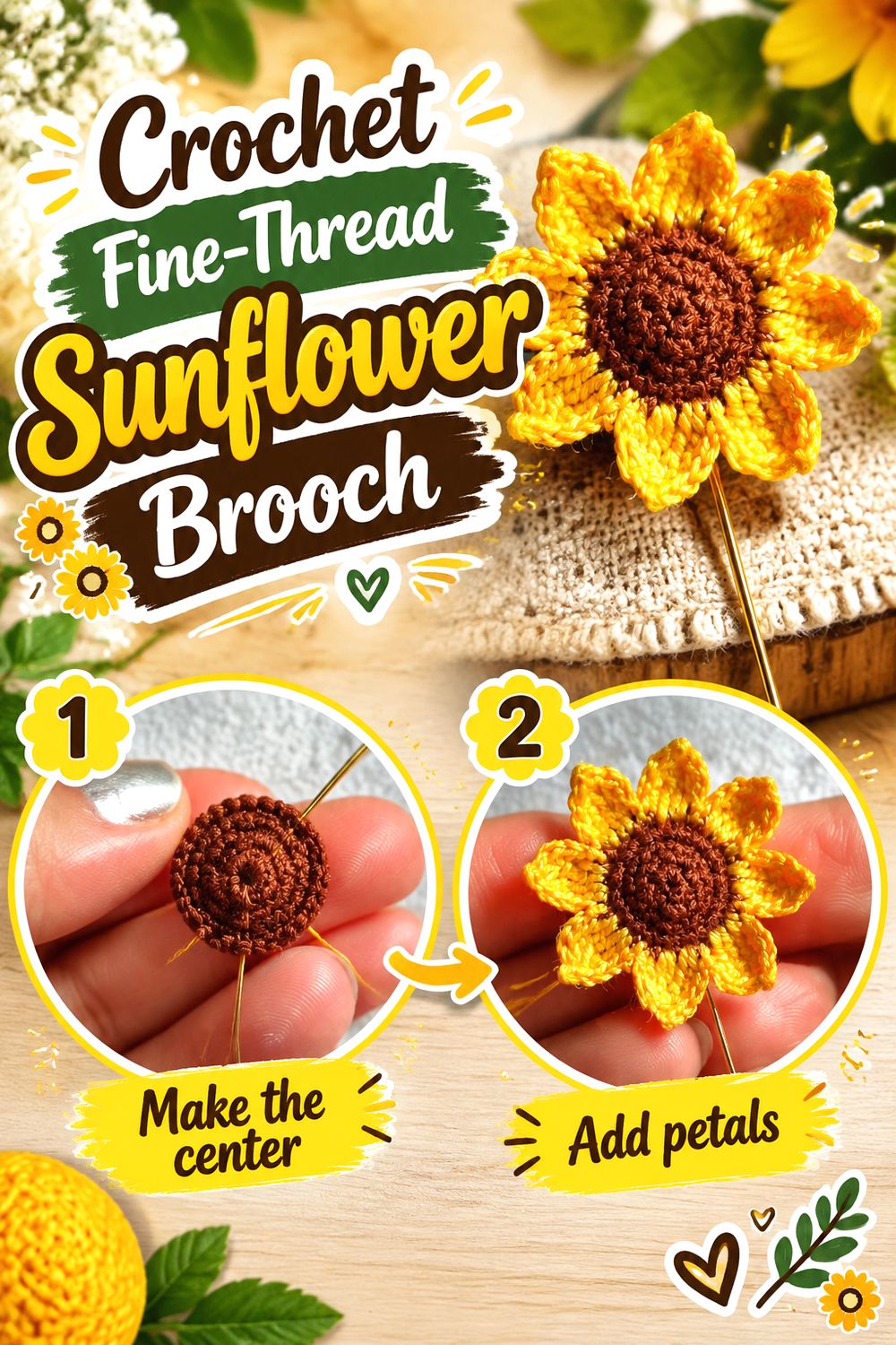 Crochet Fine Thread Sunflower Brooch