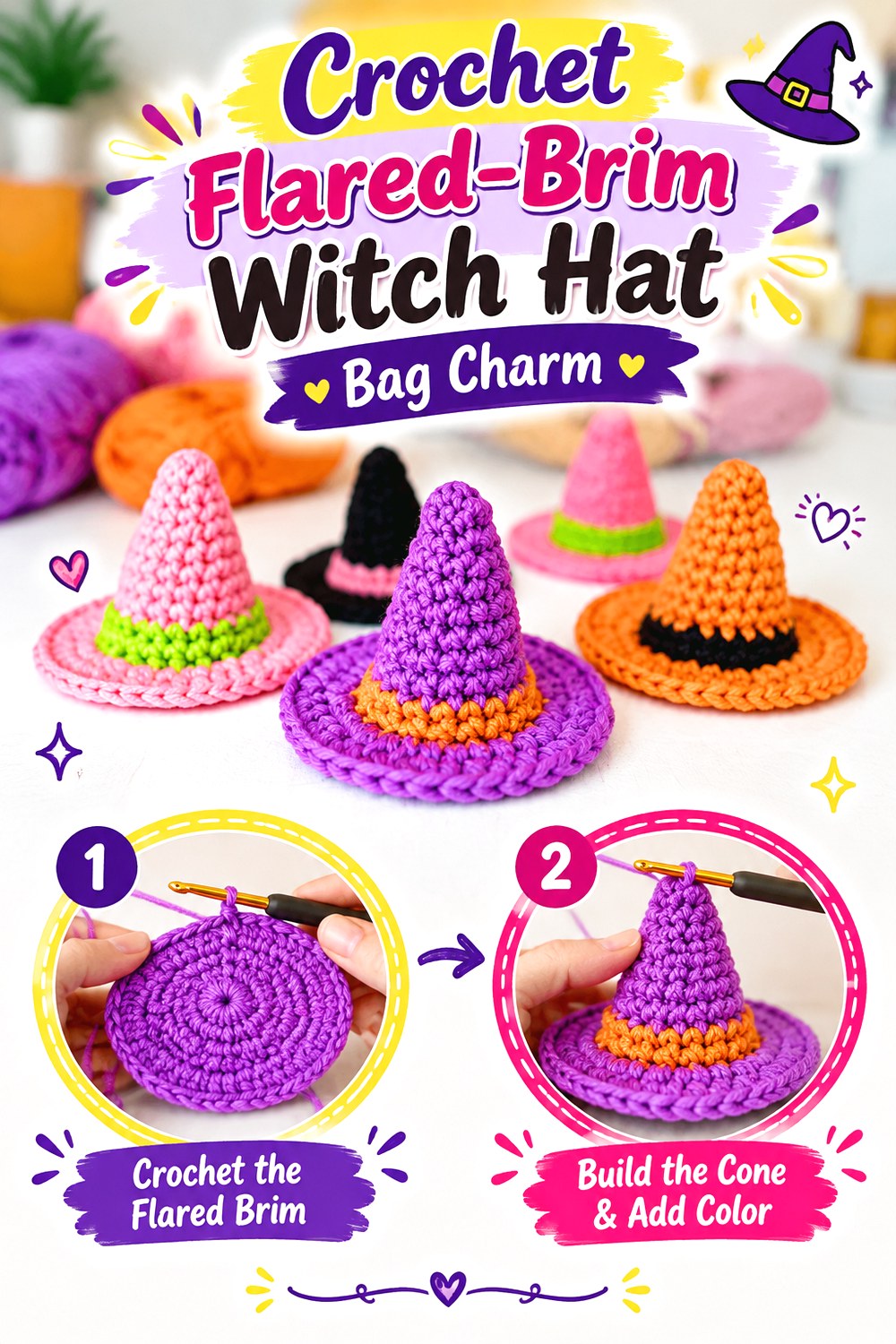 Crochet Flared Brim Witch Hat Bag Charm