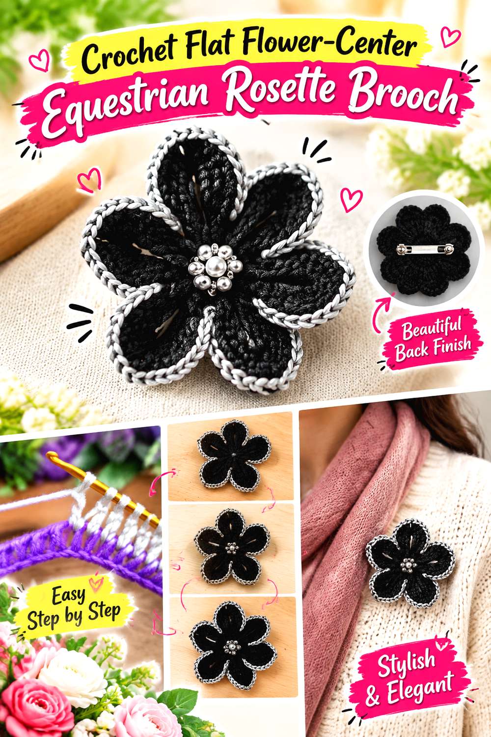 Crochet Flat Flower Center Equestrian Rosette Brooch