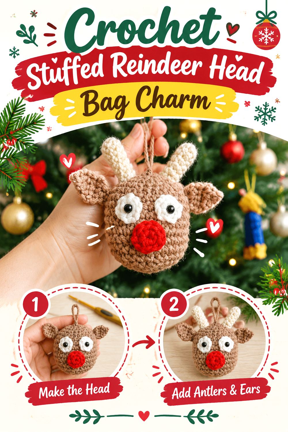 Crochet Flat Reindeer Ornament Bag Charm