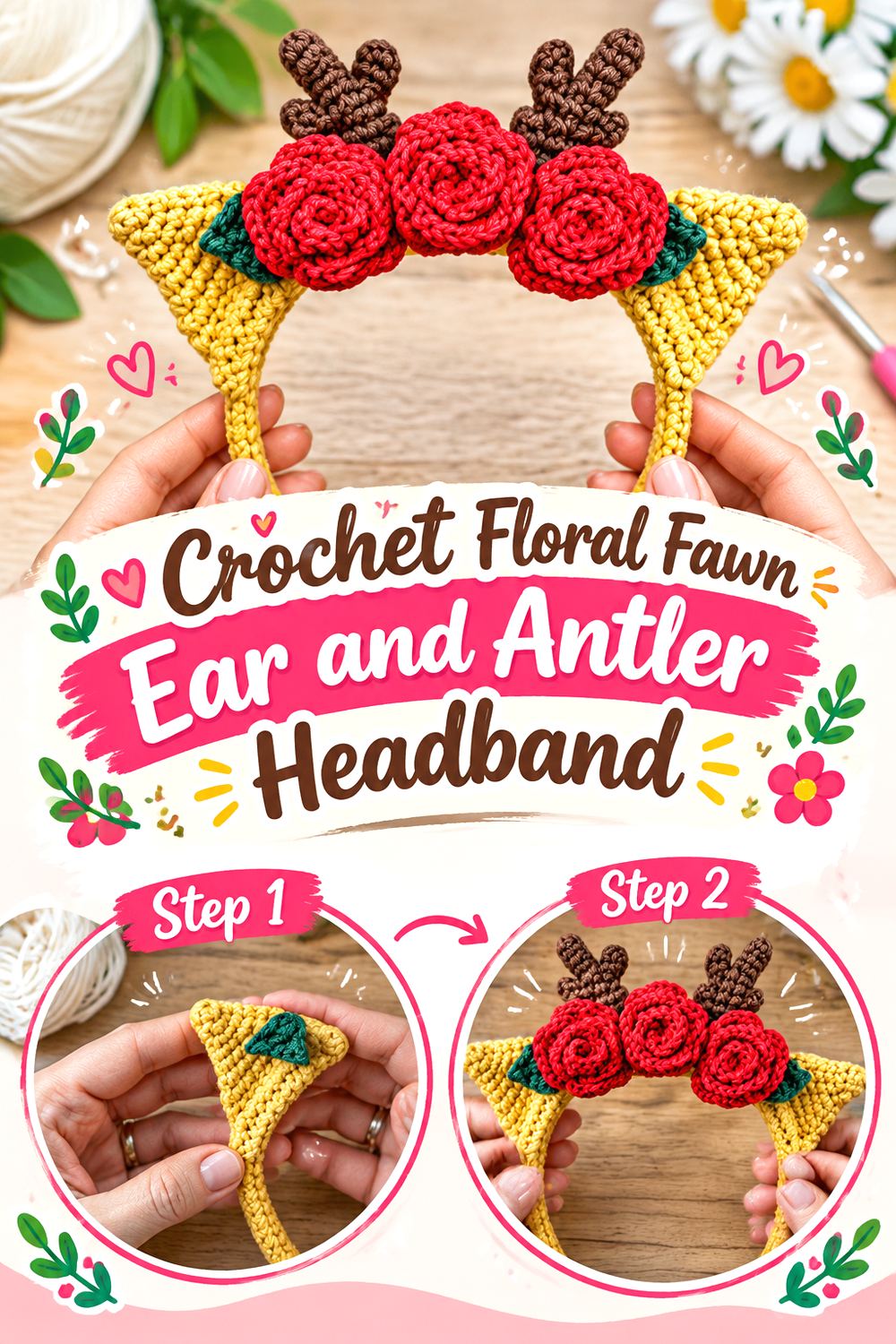 Crochet Floral Fawn Ear and Antler Headband