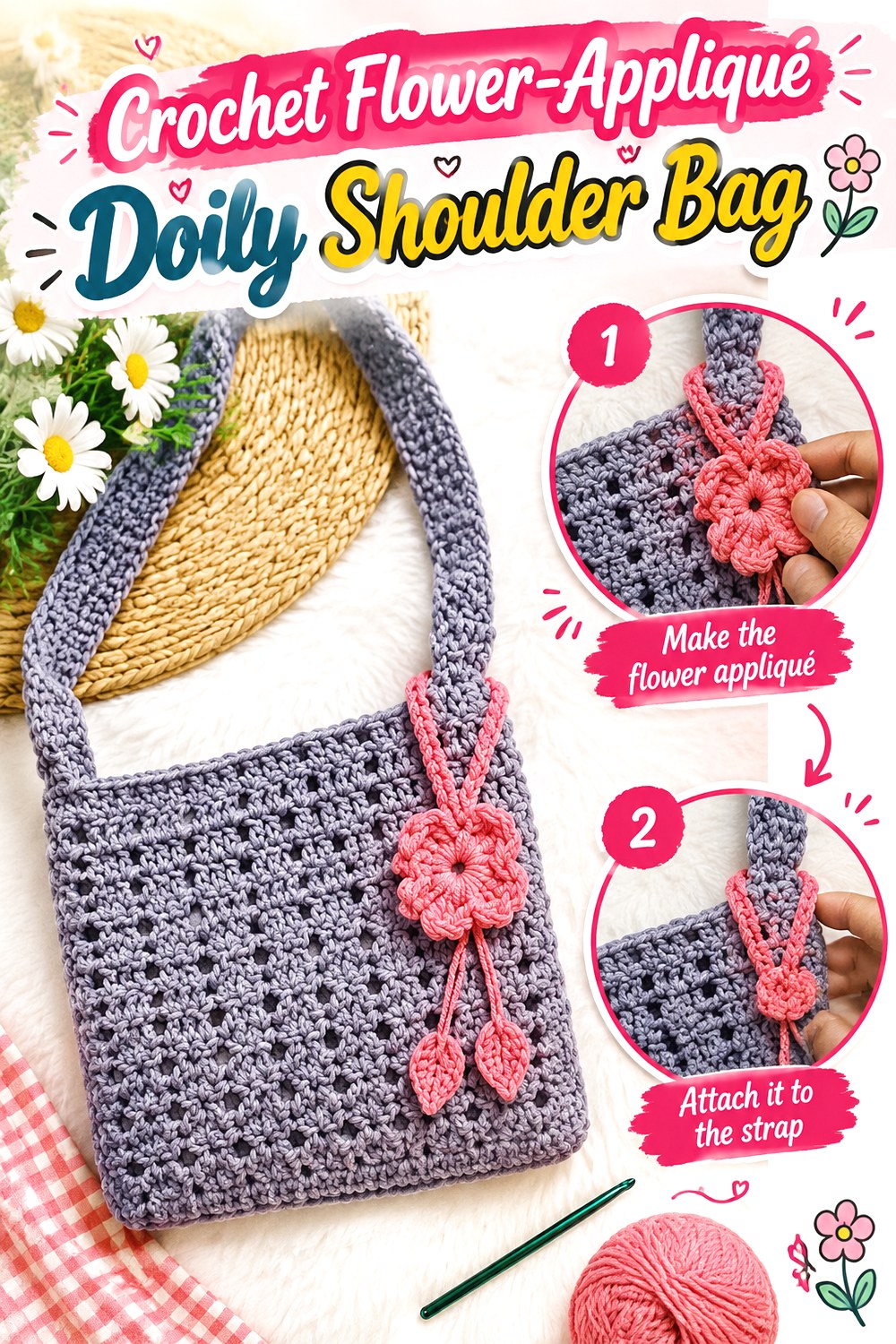 Crochet Flower Appliqué Doily Shoulder Bag