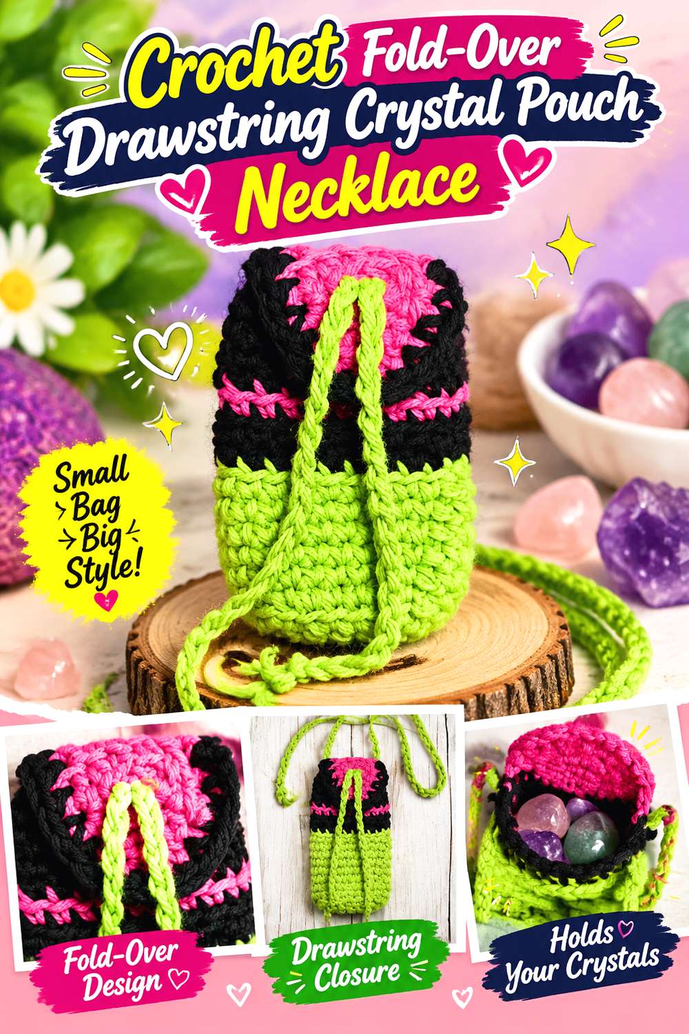 Crochet Fold Over Drawstring Crystal Pouch Necklace