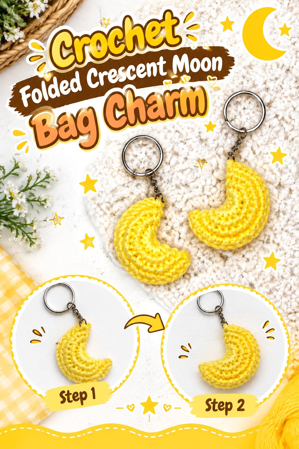 Crochet Folded Crescent Moon Bag Charm