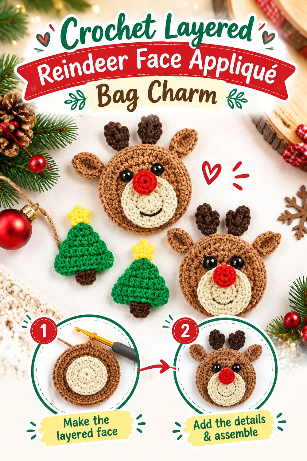 Crochet Folded Reindeer Face Bag Charm