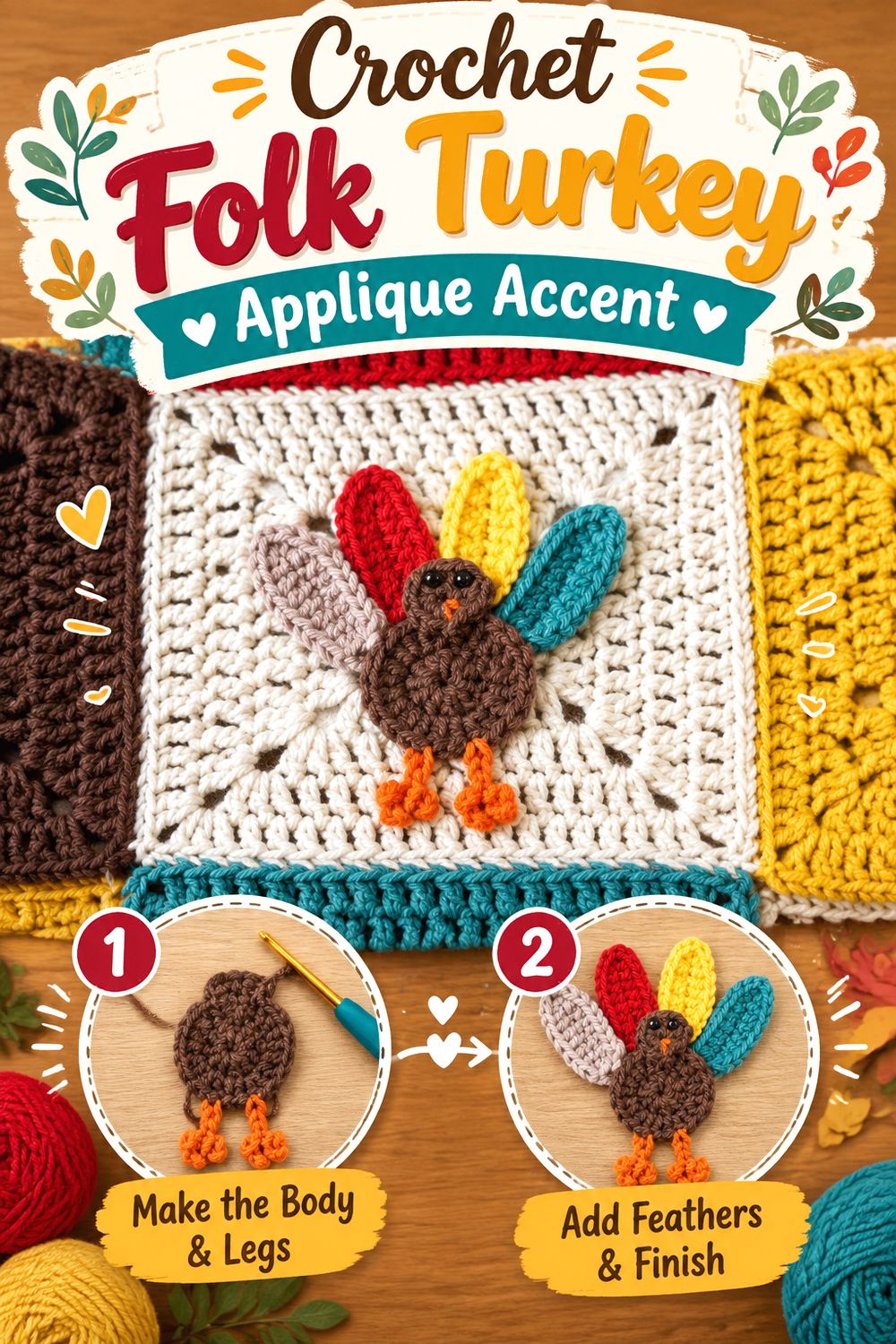 Crochet Folk Turkey Applique Accent