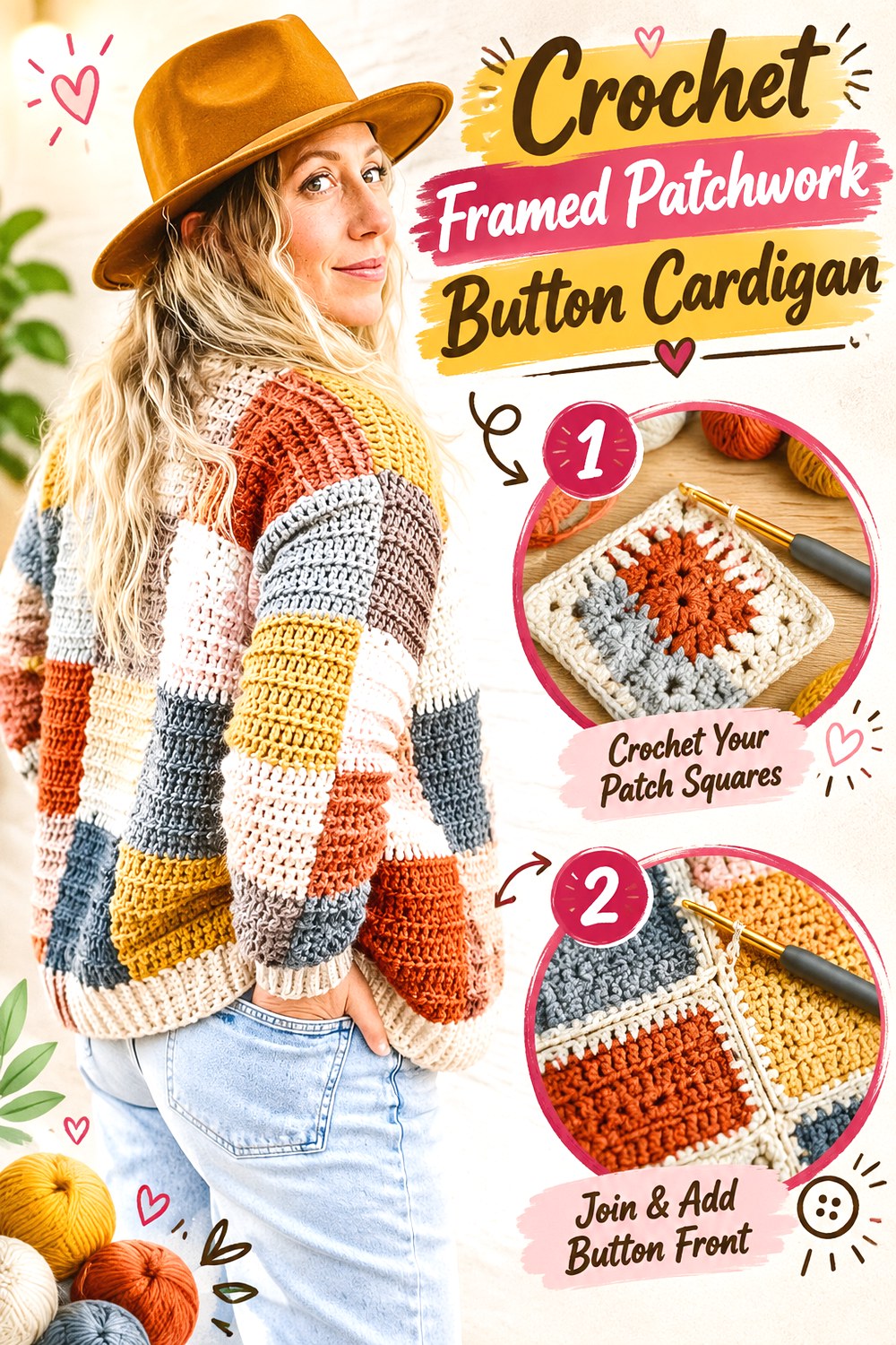 Crochet Framed Patchwork Button Cardigan