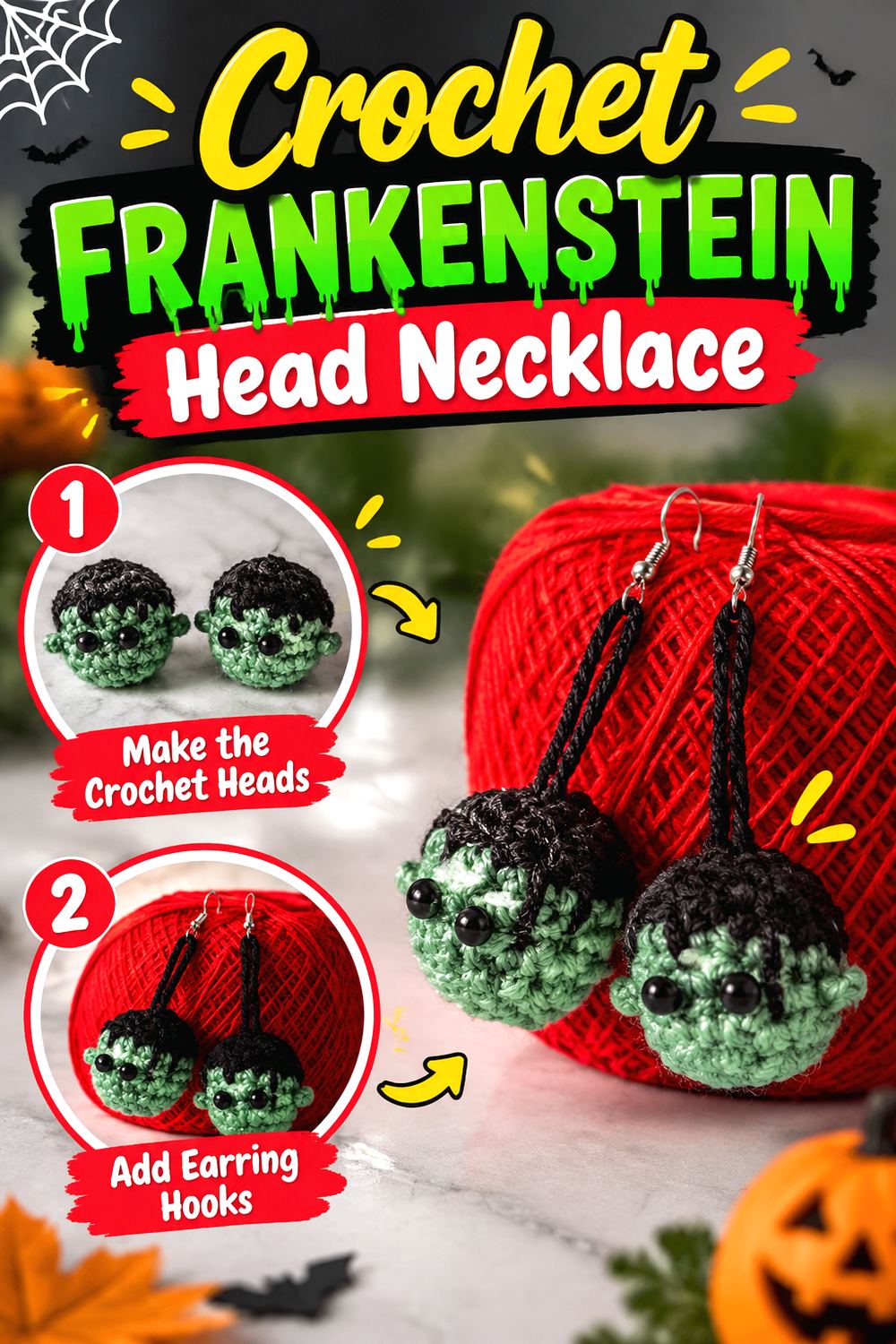 Crochet Frankenstein Head Necklace