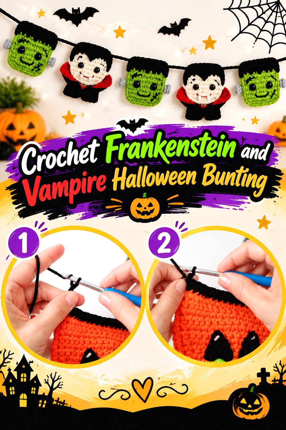 Crochet Frankenstein and Vampire Halloween Bunting
