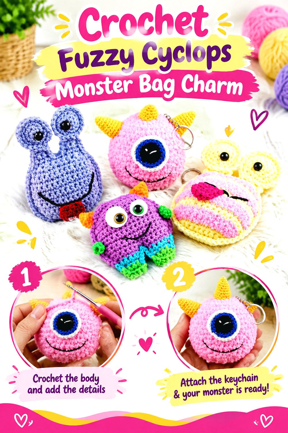 Crochet Fuzzy Cyclops Monster Bag Charm